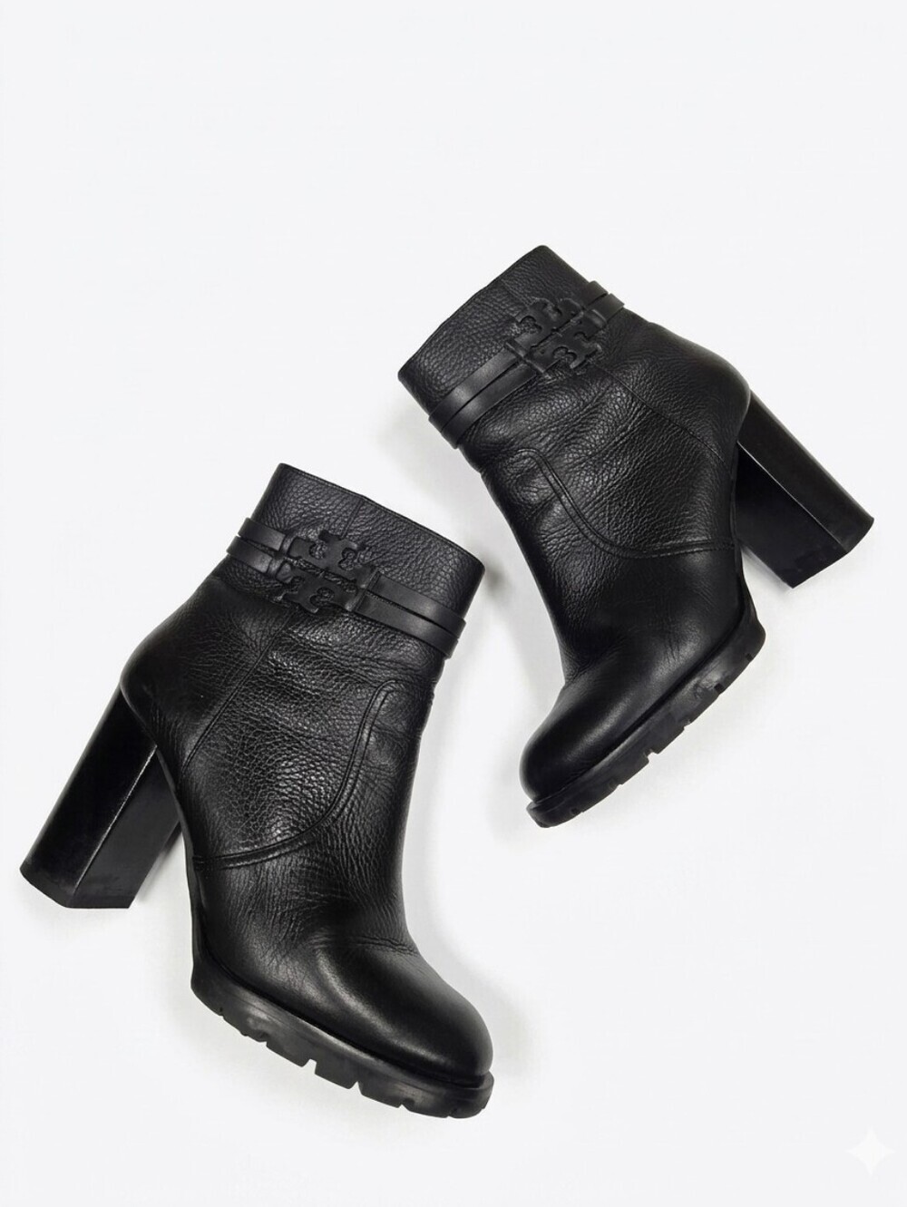 Tory Burch Women Leigh Black Leather Dress Logo Heel Zip Ankle Boots sz 8.5